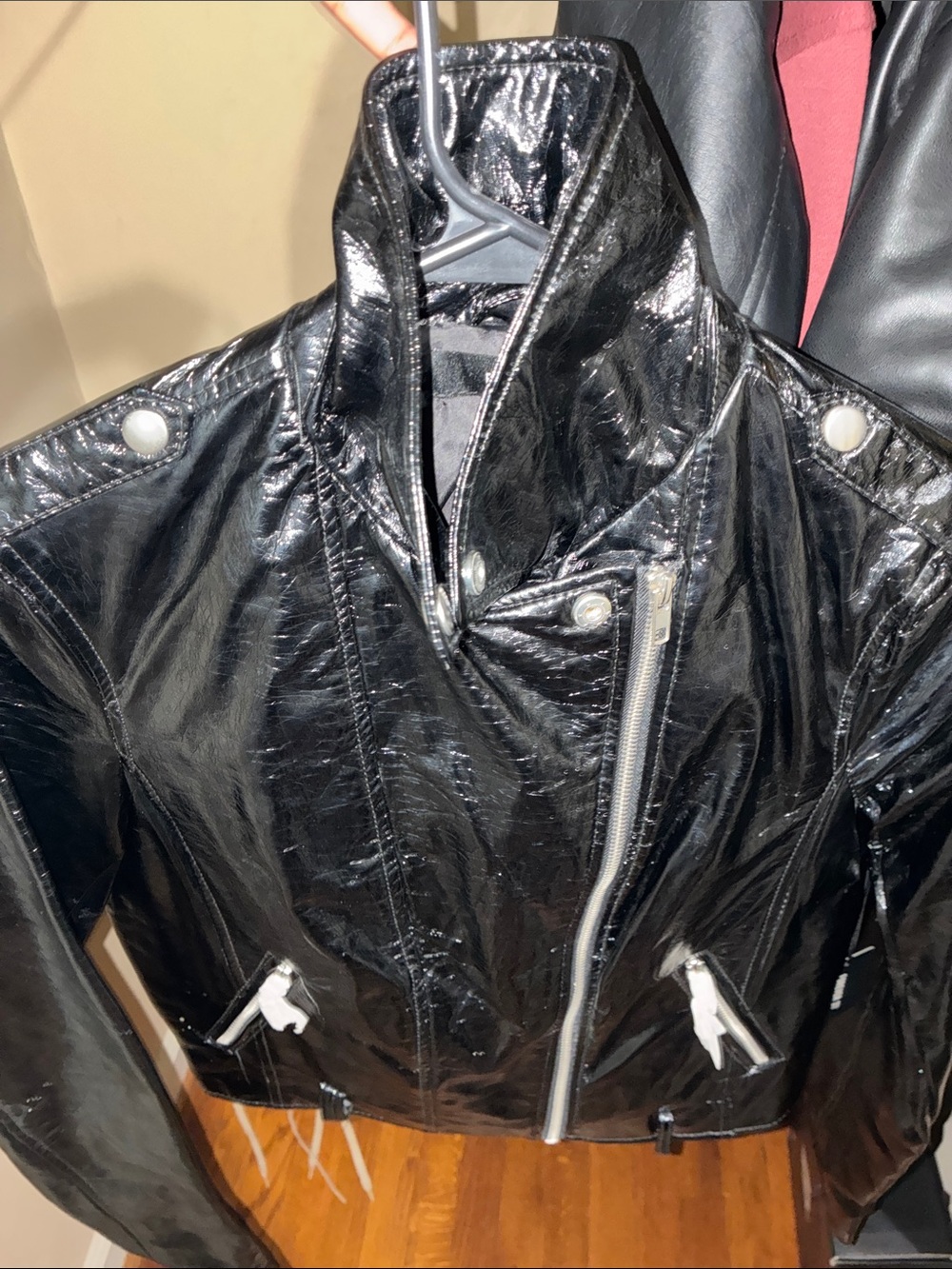 Black Shiny Faux-Leather Moto Jacket - Women